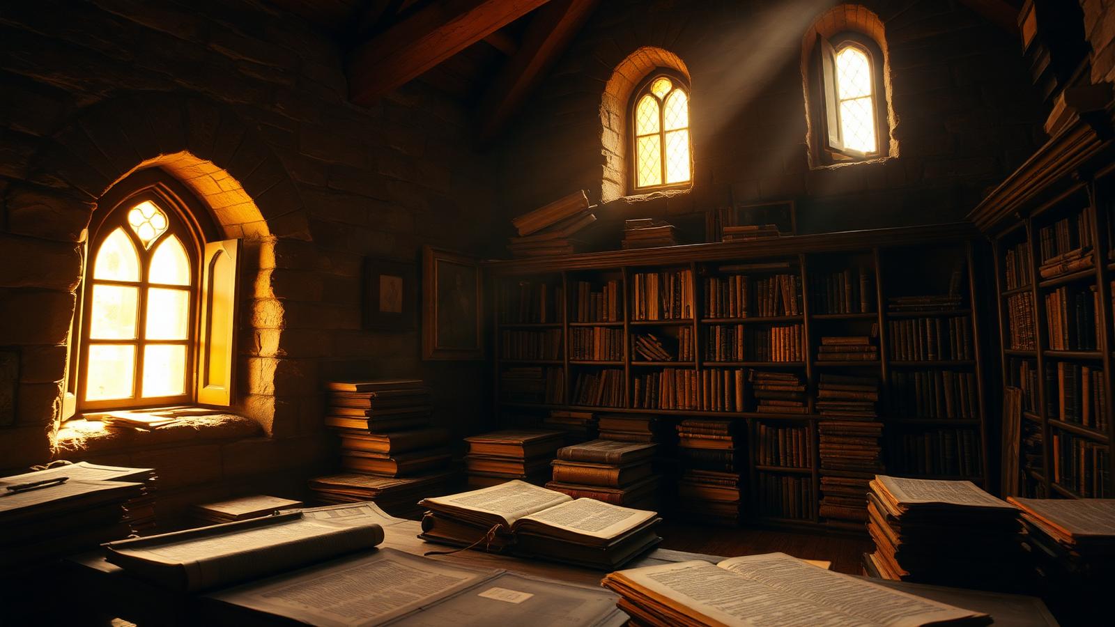 Biblioteca antiga com luz dourada